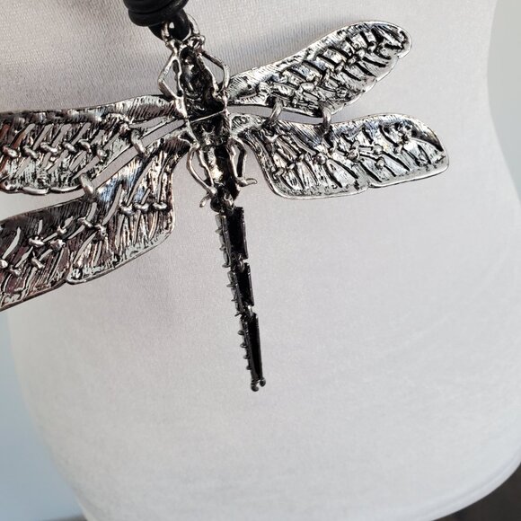 Elegant Large Silver Dragonfly Pendant on Long Leather Cord Necklace Rustic Look - Picture 11 of 12